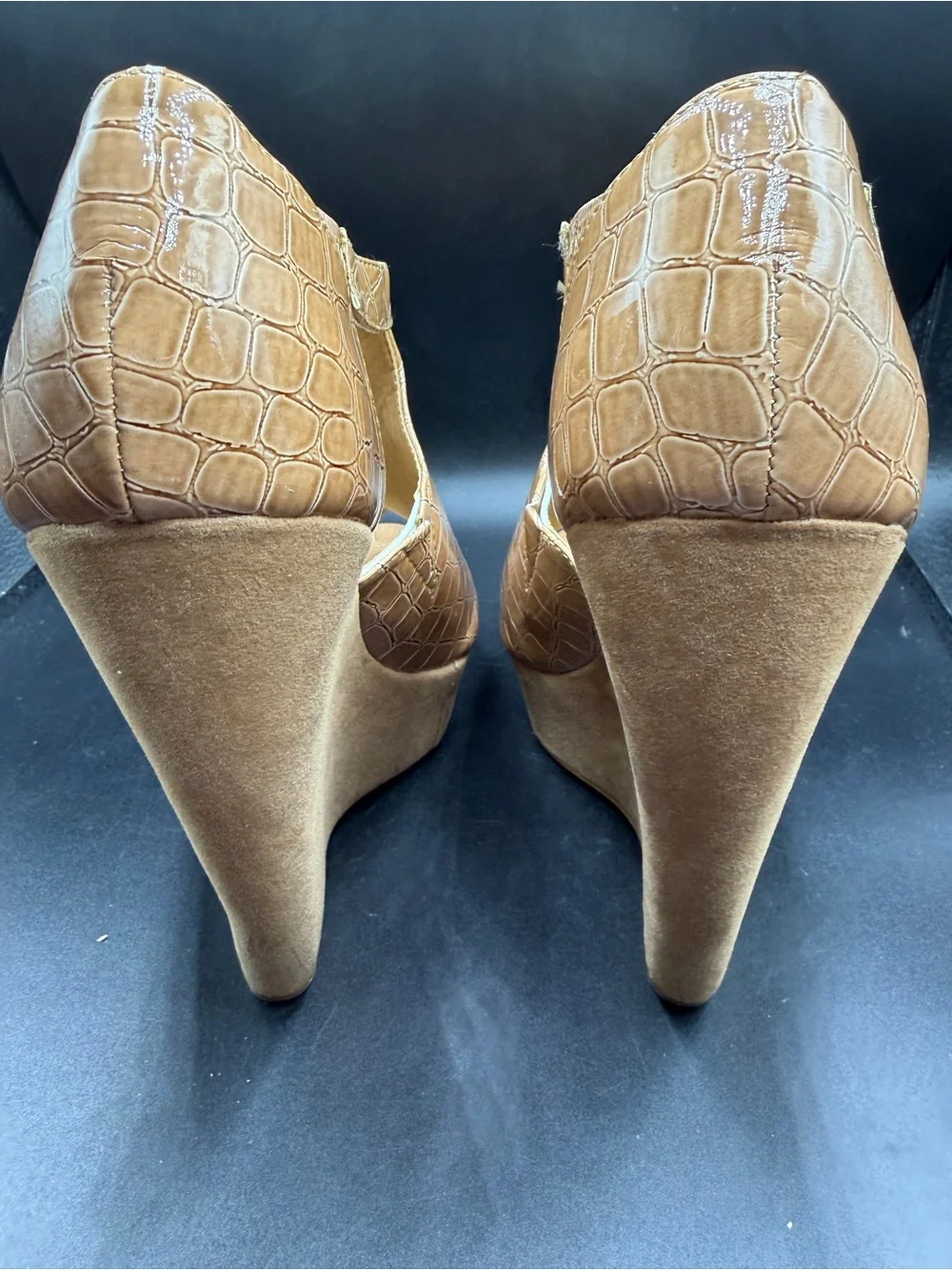 XOXO Rusty Beige Croc-Embossed Wedge Heels